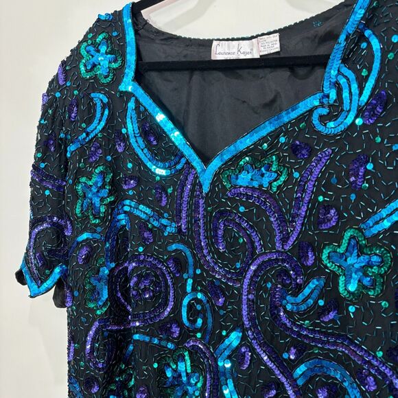 VTG Lawrence Kazar Sequin Top 3X Silk Blue Green Peacock Beads 80s Disco Evening - Picture 3 of 16